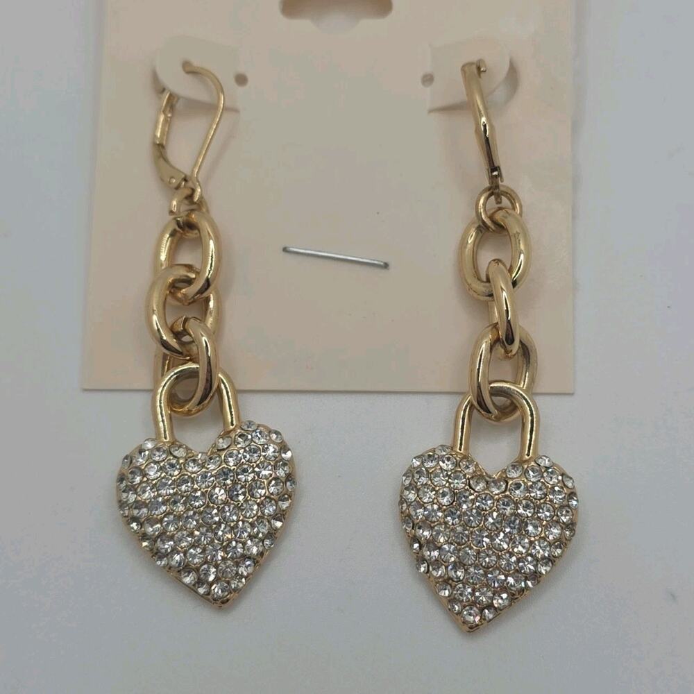 ON 34TH Gold Tone Crystal Heart Dangle Drop Earrings Leverback Lobe Jewelry